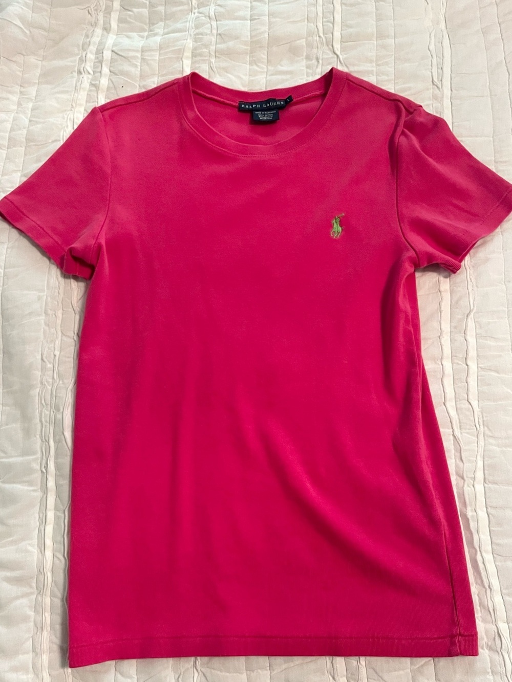 Ralph Lauren Girlโs Large or Womenโs Small Pink T-Shirt Green Logo
